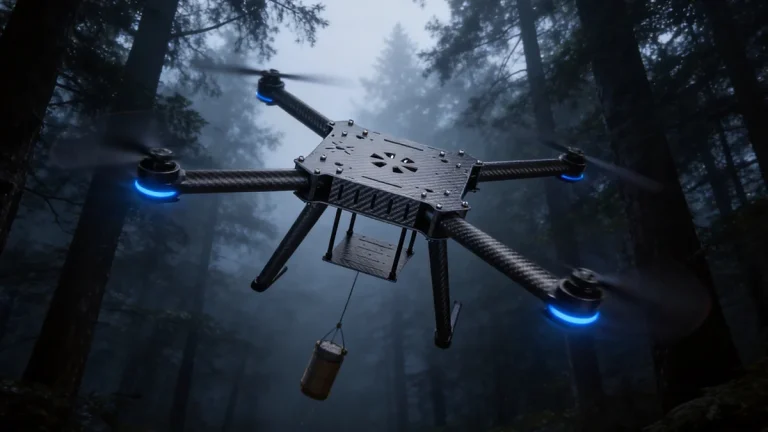 FPV drone with carbon fiber frame in flight
