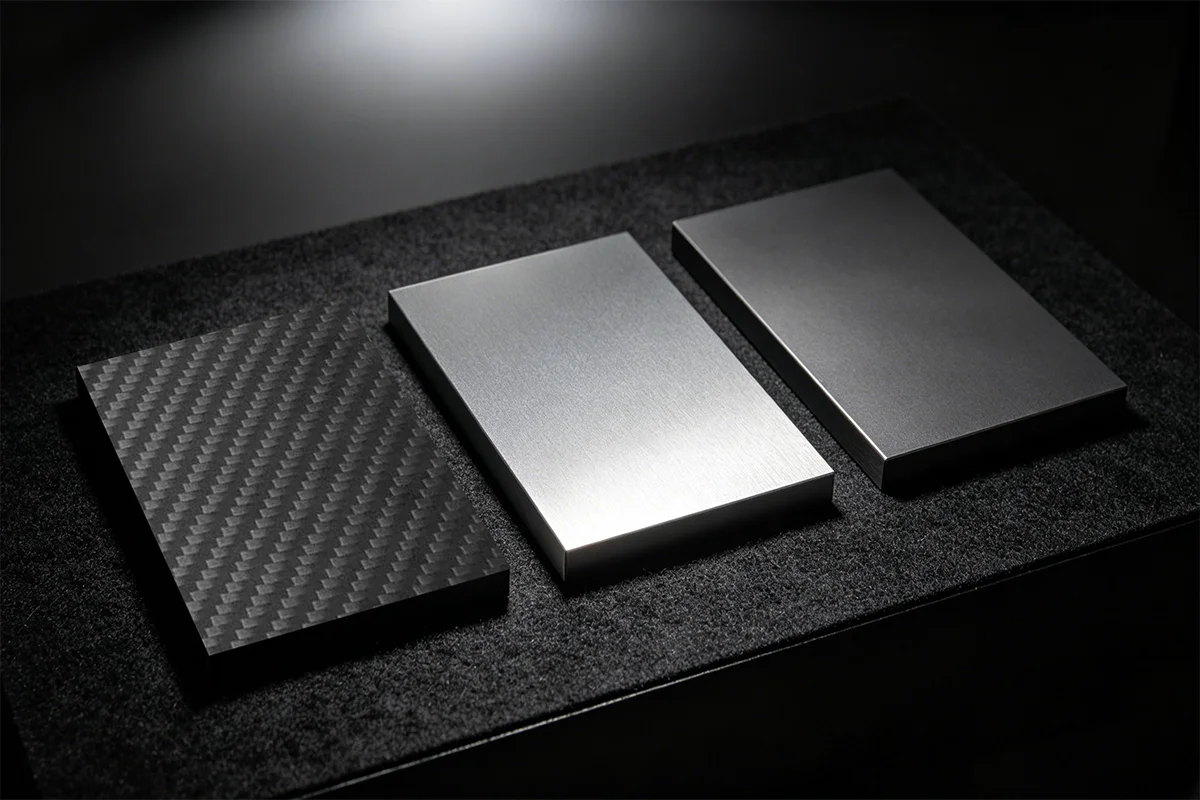 Carbon fiber, aluminum and steel samples side by side