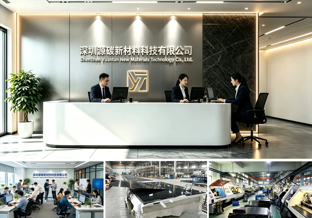 Carbon fiber factory strength puzzle, showing production equipment, workshop, team and finished products