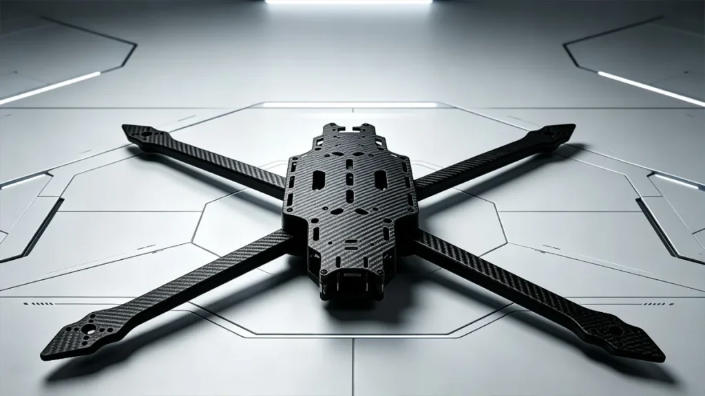 commercial drone fleet flying over modern manufacturing facility representing carbon fiber drone frame market growth