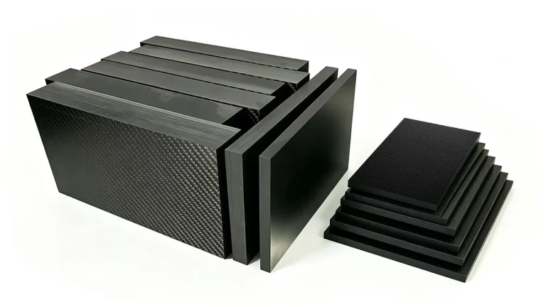 Carbon fiber plates in various thicknesses from 0.2mm to 120mm arranged to show thickness comparison