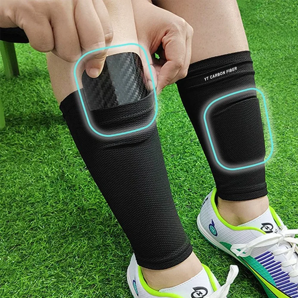 Carbon fiber shin guard worn on leg with elastic sleeve soccer player protection China YTCarbon