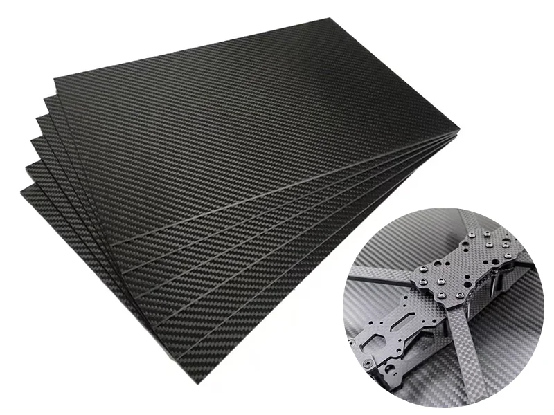 Thin carbon fiber sheet used as drone frame plate showing lightweight structural application