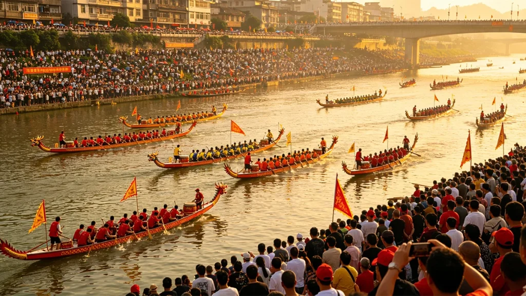 carbon fiber dragon boat paddle on wooden boat during traditional Dragon Boat Festival race