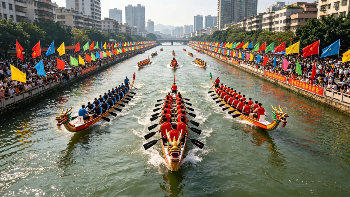 dragon boat race teams paddling in synchronization on river during Dragon Boat Festival