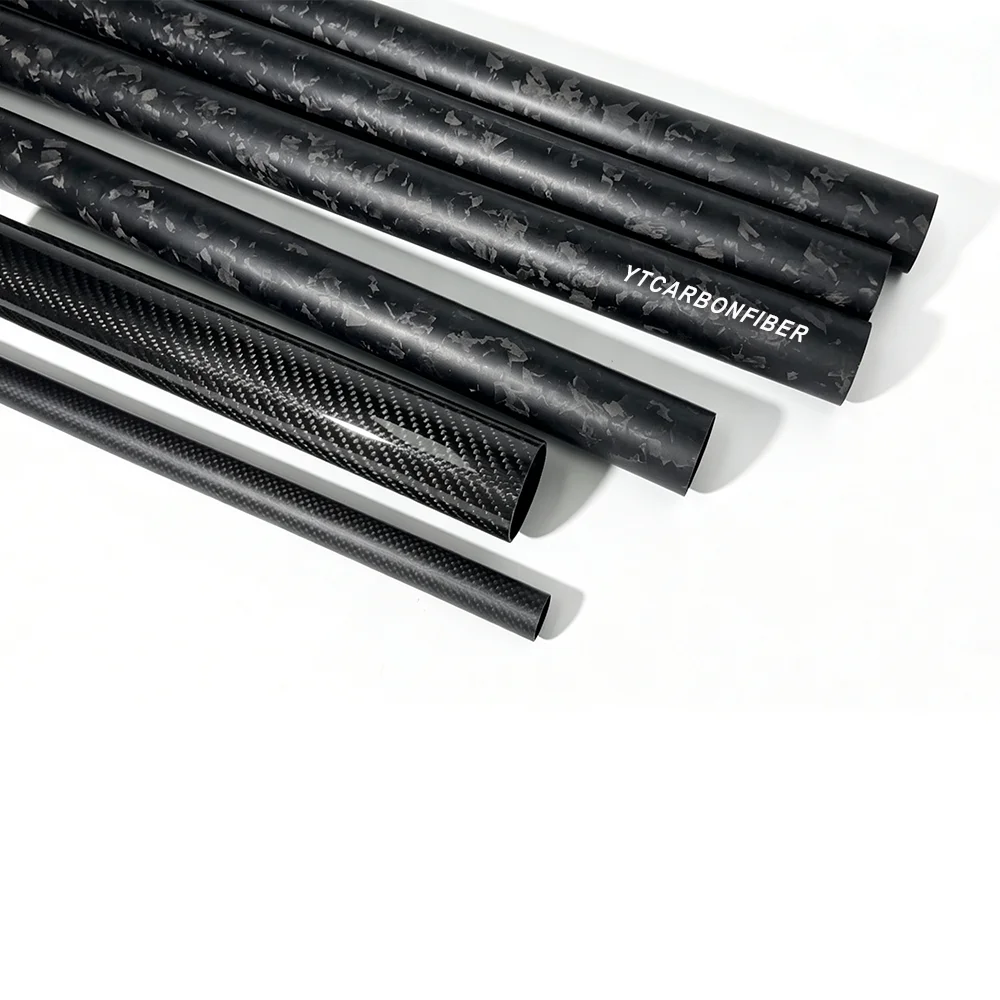 Close-up detail of forged carbon fiber tube surface with random marbled pattern