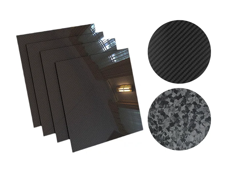 Side by side comparison of matte glossy and forged carbon fiber sheet surface finishes