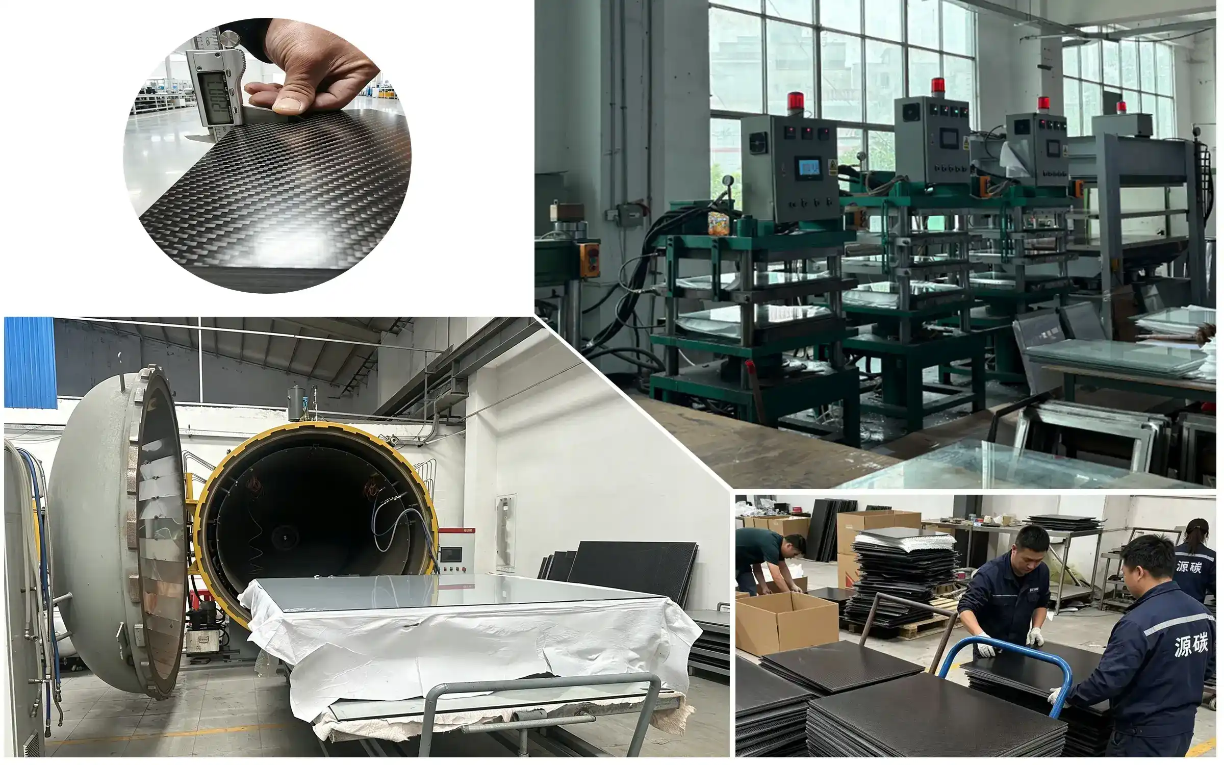Hot press production line for carbon fiber sheets at YTCarbon factory in Shenzhen China