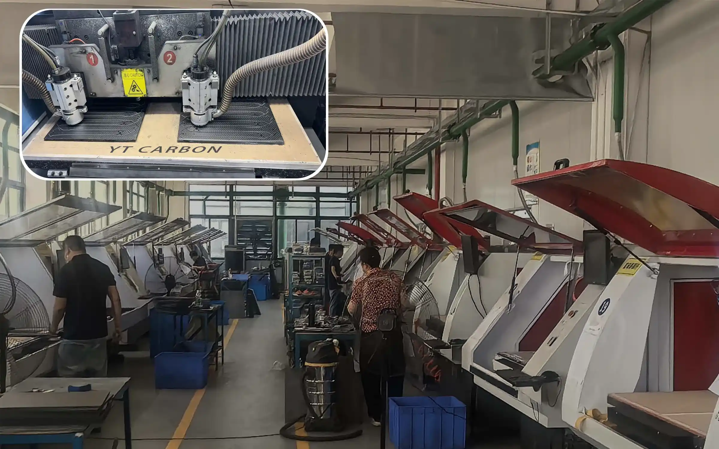 CNC machining center cutting custom carbon fiber parts at YTCarbon Shenzhen factory