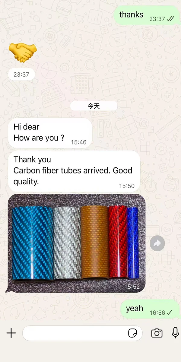 German client WhatsApp message praising custom colored carbon fiber tube quality